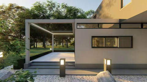 Customized Wall-mounted Self Standing Aluminum Pergola with Folding Flipping Blades of Different Sizes 