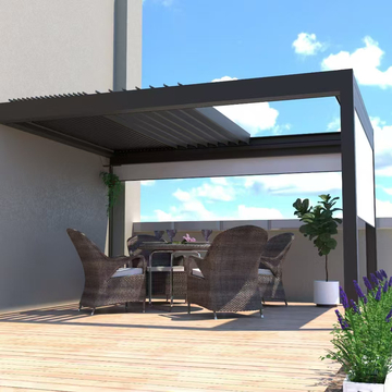 Customized Wall-mounted Self Standing Aluminum Pergola with Folding Flipping Blades of Different Sizes 
