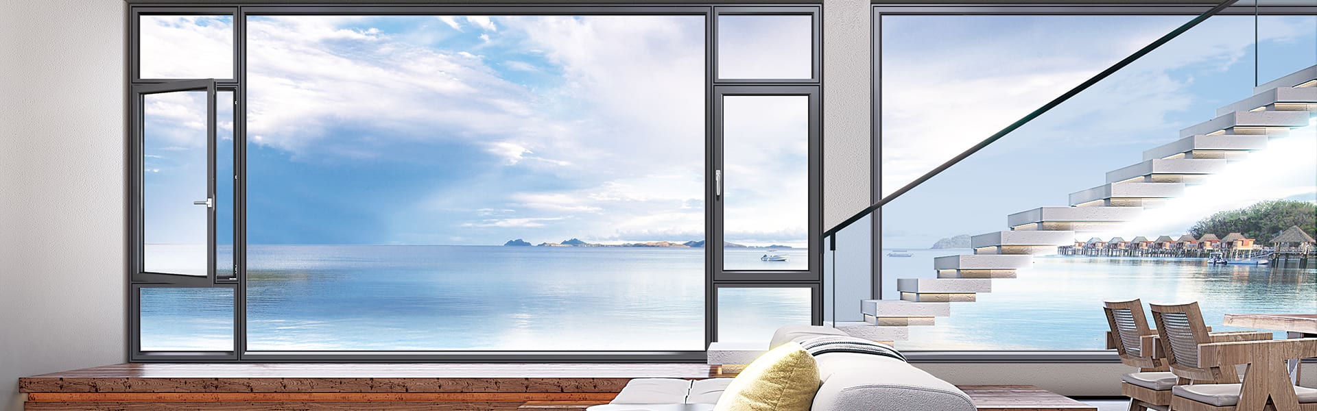 Luxury oceanfront villa with floor-to-ceiling aluminum windows