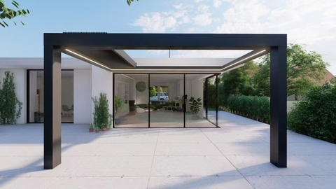 Customized Wall-mounted Self Standing Aluminum Pergola with Folding Flipping Blades of Different Sizes 