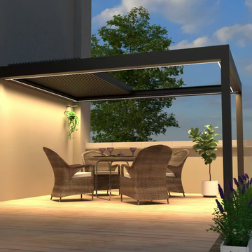 Customized Wall-mounted Self Standing Aluminum Pergola with Folding Flipping Blades of Different Sizes 