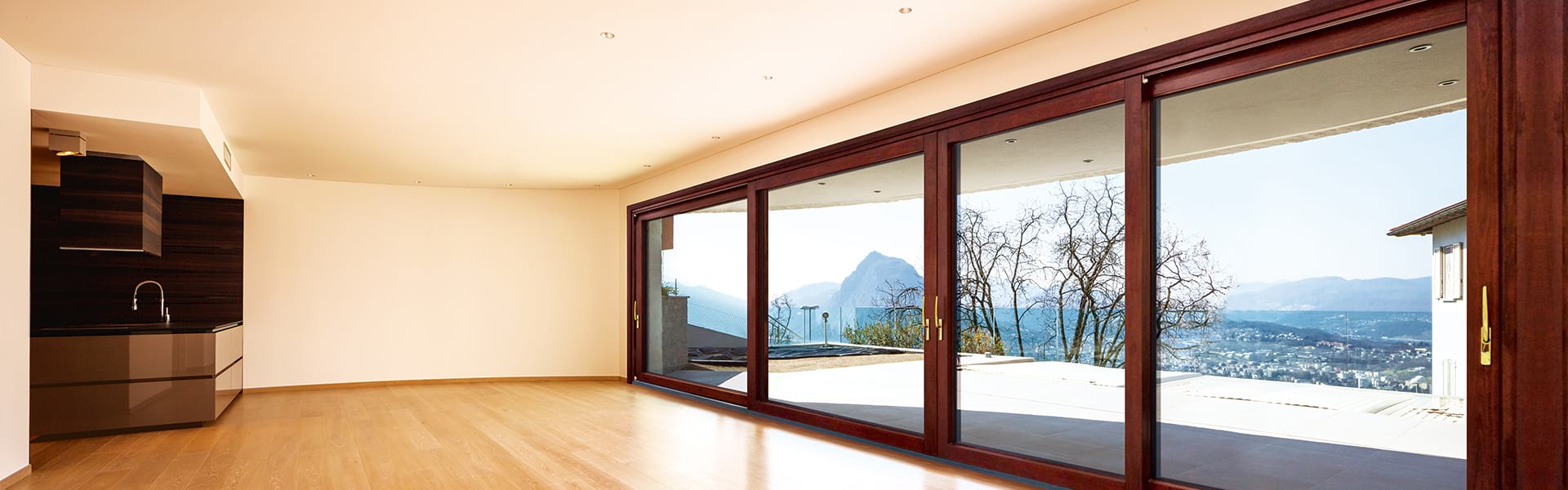 Luxury aluminum-wood clad sliding doors with mountain view