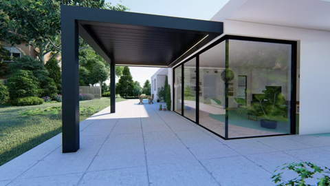 Customized Wall-mounted Self Standing Aluminum Pergola with Folding Flipping Blades of Different Sizes 
